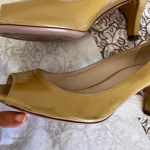 PRADA Patent Leather Yellow Peep Toe Heel w/Signature Gold Tone Plate - Picture 12 of 13